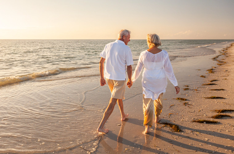 older couple walking on the beach